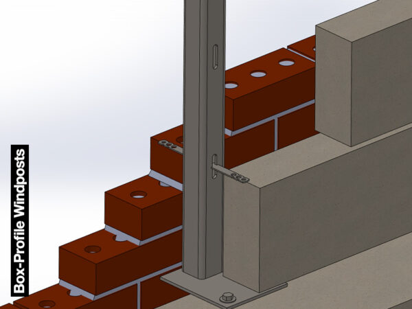 Box profile windpost from inner side showing integration with Brickwork and Masonry Tie