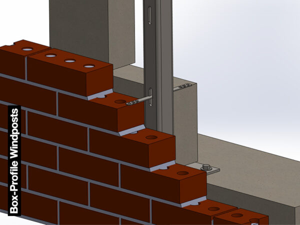 Box profile windpost showing integration with Brickwork and Masonry Tie