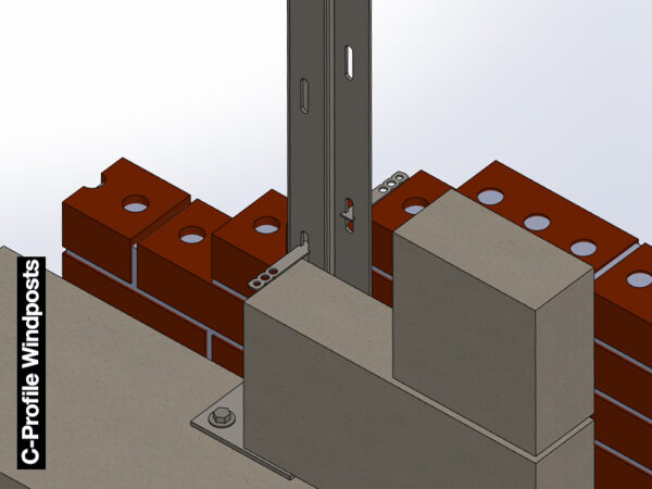 C-Profile Windpost from top view with masonry ties and brickwork