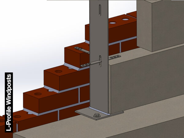 L-Profile Windpost from inner side of brickwork with masonry ties